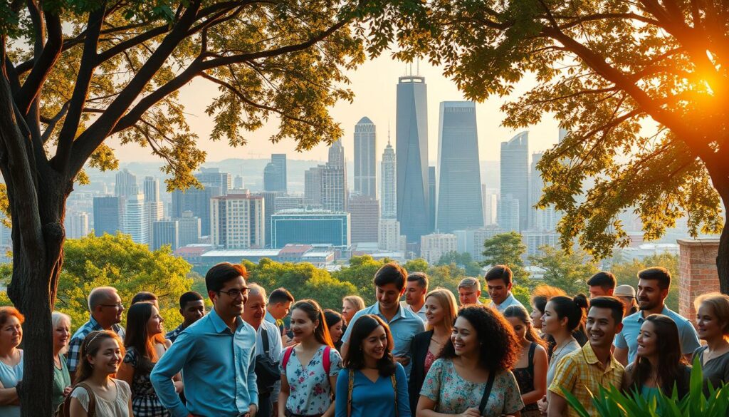 A bustling city skyline, bathed in a warm, golden light, serves as the backdrop for a thriving community. In the foreground, a diverse group of individuals engage in various social activities, their expressions radiating a sense of connection and support. Towering trees and lush greenery frame the scene, symbolizing the harmonious integration of the natural environment. The overall atmosphere conveys a feeling of well-being, success, and a strong social support network that fosters personal growth and achievement. 3 عادات تضمن لك التفوق