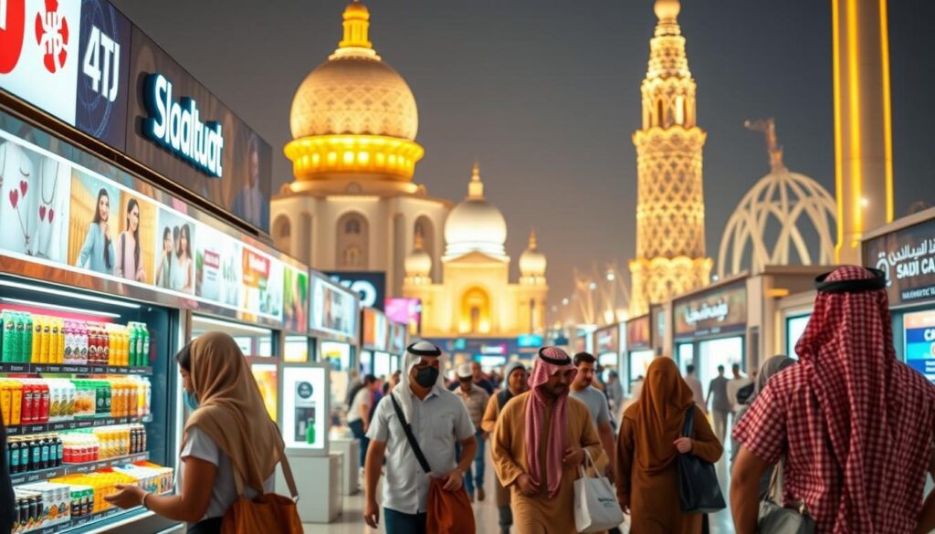 A bustling e-commerce scene in the heart of Saudi Arabia, showcasing vibrant displays of local products and services. In the foreground, a group of shoppers browse through a sleek and modern online marketplace, immersed in a seamless digital experience. The middle ground features a thriving ecosystem of digital entrepreneurs, logistics providers, and payment gateways, all working in harmony to facilitate the flow of transactions. In the background, the iconic architecture of Saudi cities serves as a backdrop, underscoring the integration of traditional and digital landscapes. The scene is illuminated by a warm, golden light, conveying a sense of prosperity and opportunity within the burgeoning Saudi e-commerce industry.