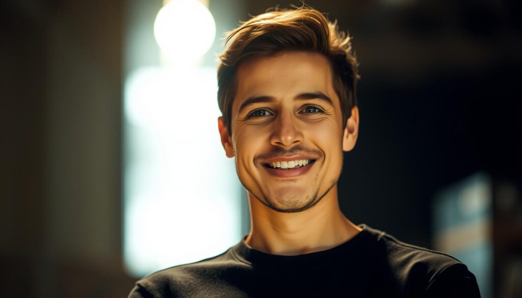 A confident person standing tall, gazing directly at the viewer with a warm, engaging expression. The figure is surrounded by a soft, glowing light that emanates a sense of inner strength and self-assurance. The background is blurred, keeping the focus on the central character and their unwavering sense of self-belief. The scene conveys a mood of empowerment, self-acceptance, and the joy of embracing one's true potential.