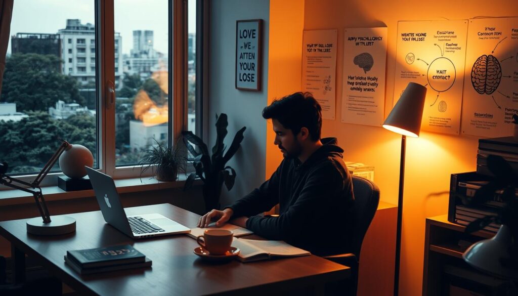 A cozy home office setting with a person sitting at a desk, deeply focused on applying psychological principles to their daily life. The desk is neatly organized, with a laptop, a cup of tea, and a few books on self-improvement. Warm, indirect lighting from a floor lamp casts a soft glow, creating a reflective and contemplative atmosphere. The walls are adorned with motivational quotes and diagrams illustrating key psychological concepts. Through the window, a lush urban landscape is visible, suggesting a harmonious integration of inner and outer worlds. The overall scene conveys a sense of personal growth, mindfulness, and the practical application of modern psychological insights.