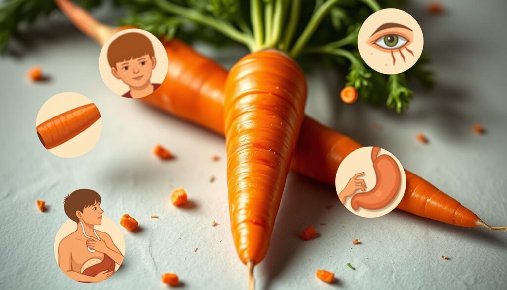 A detailed, close-up illustration of the potential side effects of consuming carrots. A vibrant carrot is the central focus, surrounded by floating elements representing common side effects like orange skin discoloration, digestive issues, and eye irritation. The lighting is natural and the composition is balanced, with a muted, earthy color palette to convey a sense of caution and potential health concerns. The overall atmosphere is one of informative medical illustration, designed to educate the viewer about the precautions and potential drawbacks of excessive carrot consumption.