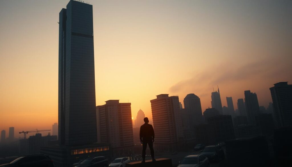 A dramatic cityscape at twilight, with a towering skyscraper casting a long shadow over the bustling streets below. The building's facade is a composite of broken glass and crumbling concrete, symbolizing past failures. Yet, in the foreground, a lone figure stands tall, illuminated by a warm, golden light, their silhouette radiating a sense of determination and resilience. The background is hazy, creating a sense of depth and perspective, as if the viewer is being drawn into the scene, witnessing the transformation from adversity to triumph. The lighting is cinematic, creating a sense of hope and inspiration, as the individual embraces the challenges and emerges stronger than before.