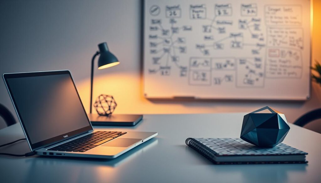 A meticulously planned workspace with an air of spontaneity. A minimalist desk adorned with a sleek laptop, a bold geometric paperweight, and a geometric-patterned notebook. Warm, indirect lighting casts a soft glow, creating an atmosphere of focus and creativity. In the background, a whiteboard covered in mind maps and scribbles, hinting at the adaptability and flexibility of the planning process. The composition strikes a balance between structure and fluidity, reflecting the essence of "Advanced Planning with Flexibility". A meticulously planned workspace with an air of spontaneity. A minimalist desk adorned with a sleek laptop, a bold geometric paperweight, and a geometric-patterned notebook. Warm, indirect lighting casts a soft glow, creating an atmosphere of focus and creativity. In the background, a whiteboard covered in mind maps and scribbles, hinting at the adaptability and flexibility of the planning process. The composition strikes a balance between structure and fluidity, reflecting the essence of "Advanced Planning with Flexibility".