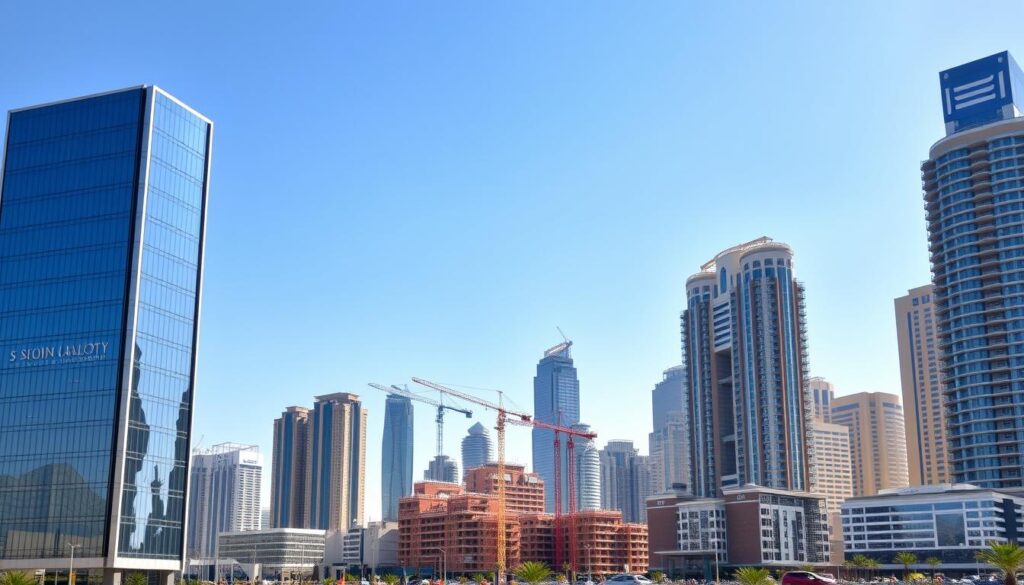 A modern, high-rise skyline against a clear blue sky, showcasing the thriving real estate market in Saudi Arabia. In the foreground, a sleek, glass-and-steel office building reflects the vibrant business activity. The middle ground features a bustling construction site, with cranes and scaffolding, indicating ongoing development. In the background, a range of residential towers and shopping malls create a diverse, prosperous cityscape. The lighting is bright and warm, conveying a sense of energy and growth within the Saudi real estate landscape.