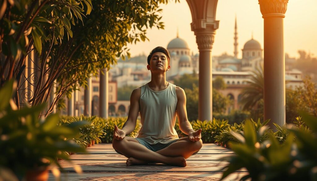 A serene and inspirational scene of self-motivation, with a vibrant Middle Eastern aesthetic. In the foreground, a person sits cross-legged, eyes closed, emanating a sense of inner peace and focus. Surrounding them, lush foliage and intricate architectural details create a tranquil, meditative environment. Warm, golden lighting filters through the scene, casting a gentle glow and enhancing the calming atmosphere. In the background, a subtly rendered cityscape with minarets and domes hints at the broader cultural context. The overall composition evokes a harmonious balance between the individual's introspective journey and the rich, ancient traditions that inspire it. 5 مقولات تساعدك على التفكير الإيجابي