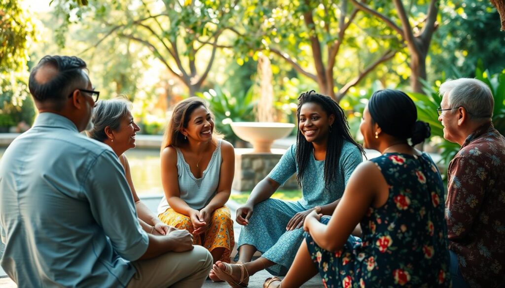 A serene and peaceful community gathering, where people of diverse backgrounds engage in warm, constructive conversations. The scene depicts a vibrant outdoor setting, with lush greenery and a calming water feature in the background. Sunlight filters through the trees, casting a soft, golden glow over the interaction. In the foreground, several individuals sit in a circle, their body language open and inviting, as they listen intently to one another. Expressions of joy, empathy, and genuine connection are evident on their faces. The overall atmosphere conveys a sense of harmony, unity, and the nurturing of positive social relationships.