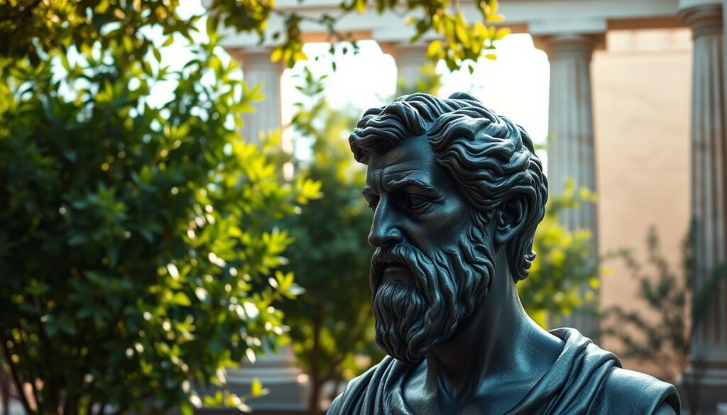 A serene, contemplative scene set in an ancient Greek-inspired outdoor setting. In the foreground, a bronze bust of Socrates gazes pensively, his brow furrowed as if deep in philosophical reflection. Soft, natural lighting filters through lush, verdant foliage in the middle ground, creating a tranquil, meditative atmosphere. The background features a simple, elegant stone structure with classical columns, evoking the timeless wisdom of antiquity. The overall composition conveys a sense of timeless, intellectual inquiry, capturing the essence of the quote "Wisdom begins in wonder" attributed to the great philosopher Socrates. A serene, contemplative scene set in an ancient Greek-inspired outdoor setting. In the foreground, a bronze bust of Socrates gazes pensively, his brow furrowed as if deep in philosophical reflection. Soft, natural lighting filters through lush, verdant foliage in the middle ground, creating a tranquil, meditative atmosphere. The background features a simple, elegant stone structure with classical columns, evoking the timeless wisdom of antiquity. The overall composition conveys a sense of timeless, intellectual inquiry, capturing the essence of the quote "Wisdom begins in wonder" attributed to the great philosopher Socrates.
