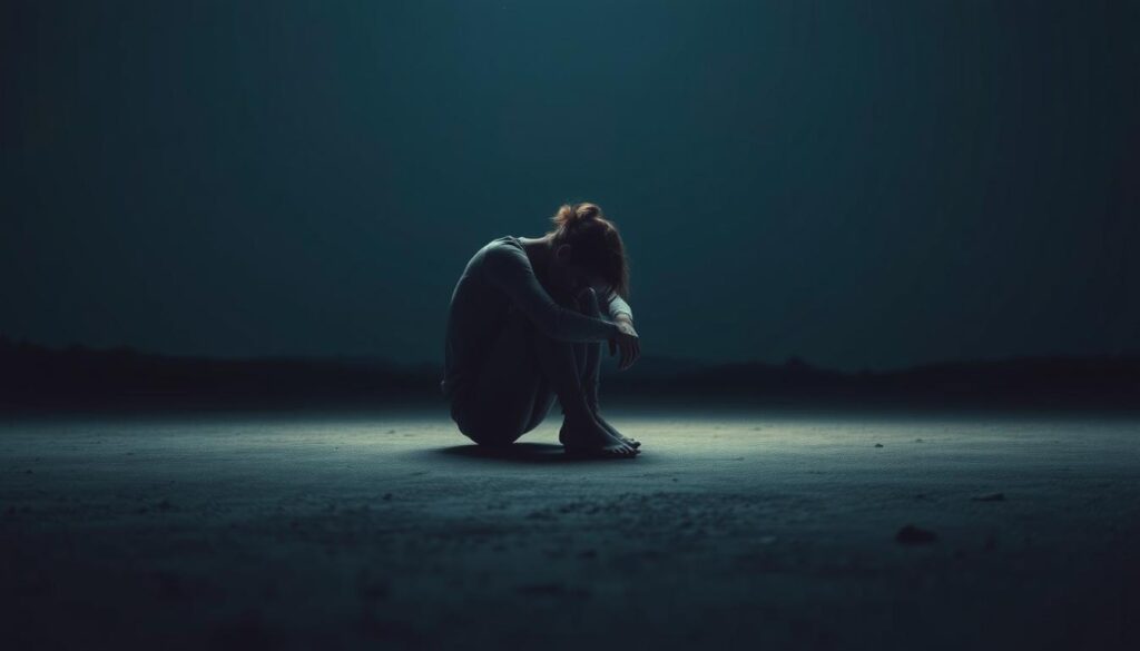 A serene, dimly lit setting with a person sitting on the ground, shoulders slumped, head bowed in contemplation. The background is a simple, minimalist landscape, with muted tones of blues and grays, evoking a sense of introspection and inner reflection. The figure is enveloped in a soft, warm light, highlighting their humility and vulnerability. The composition emphasizes the subject's introspective state, conveying the lessons of failure - the growth of empathy and humility. The camera angle is slightly elevated, creating a sense of observing a profound personal moment. The atmosphere is one of quiet, thoughtful introspection, allowing the viewer to connect with the subject's emotional journey.