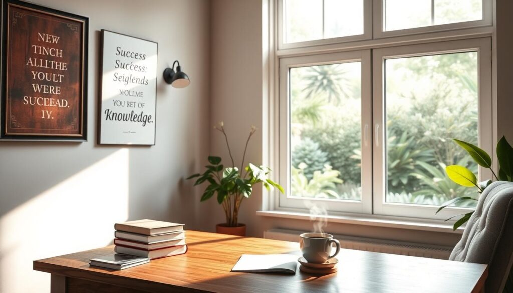 A serene home office setting with a wooden desk, a plush chair, and a large window overlooking a lush garden. Soft, natural lighting filters through the window, casting a warm glow on the workspace. On the desk, a stack of books, a laptop, and a cup of steaming coffee create a cozy, productive atmosphere. The walls are adorned with inspirational artwork and motivational quotes, subtly reinforcing the message of success and personal growth. The overall scene conveys a sense of focus, discipline, and the pursuit of knowledge - the key habits for achieving excellence. 3 عادات تضمن لك التفوق