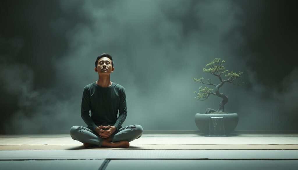 A serene, introspective scene depicting the concept of "self-awareness" (الوعي الذاتي). In the foreground, a person sits cross-legged, their eyes closed in deep contemplation, their face calm and focused. Soft, diffused lighting illuminates their features, creating a sense of inner peace and clarity. The midground features a minimalist, zen-inspired environment - a simple, tatami-covered floor, a single bonsai tree, and a flowing water feature that adds a soothing ambient sound. The background is shrouded in a mist-like haze, creating a sense of depth and separation from the external world, allowing the viewer to fully immerse themselves in the moment of self-reflection. The overall atmosphere is one of serenity, introspection, and a deep connection with one's inner self.