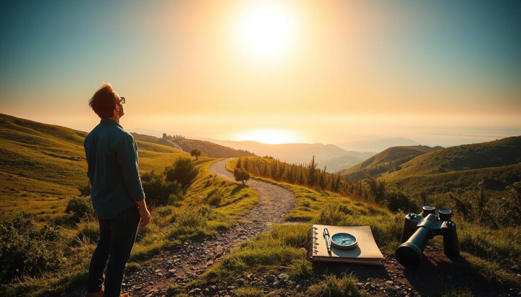 A serene landscape with a meandering path leading towards a distant horizon, symbolizing the journey of life. In the foreground, a person stands contemplatively, gazing upwards at a brilliant sun that casts warm, diffused lighting across the scene. Surrounding them, lush greenery and rolling hills evoke a sense of grounding and connection to the natural world. In the middle ground, a collection of objects - a compass, a journal, and a pair of binoculars - represent the tools needed to navigate the path of self-discovery and find purpose. The overall mood is one of introspection, clarity, and a profound sense of meaning in the simple act of being present.