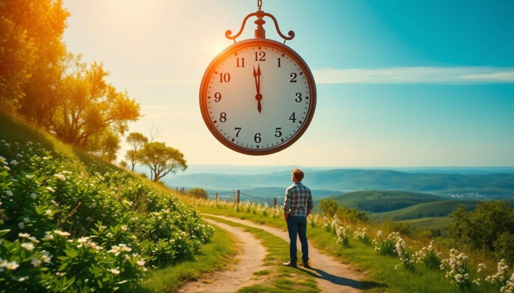 A serene landscape with a path winding through lush greenery, dotted with blooming flowers. In the foreground, a personrepresenting the viewer stands, looking up at a large, ornate analog clock suspended in the air. The clock face is divided into sections, each representing a milestone or goal, with the hands slowly ticking forward. The background features a distant horizon, with rolling hills and a clear, azure sky. Warm, golden sunlight filters through, casting a gentle glow over the scene. The overall mood is one of contemplation, progress, and a sense of accomplishment. A serene landscape with a path winding through lush greenery, dotted with blooming flowers. In the foreground, a personrepresenting the viewer stands, looking up at a large, ornate analog clock suspended in the air. The clock face is divided into sections, each representing a milestone or goal, with the hands slowly ticking forward. The background features a distant horizon, with rolling hills and a clear, azure sky. Warm, golden sunlight filters through, casting a gentle glow over the scene. The overall mood is one of contemplation, progress, and a sense of accomplishment.