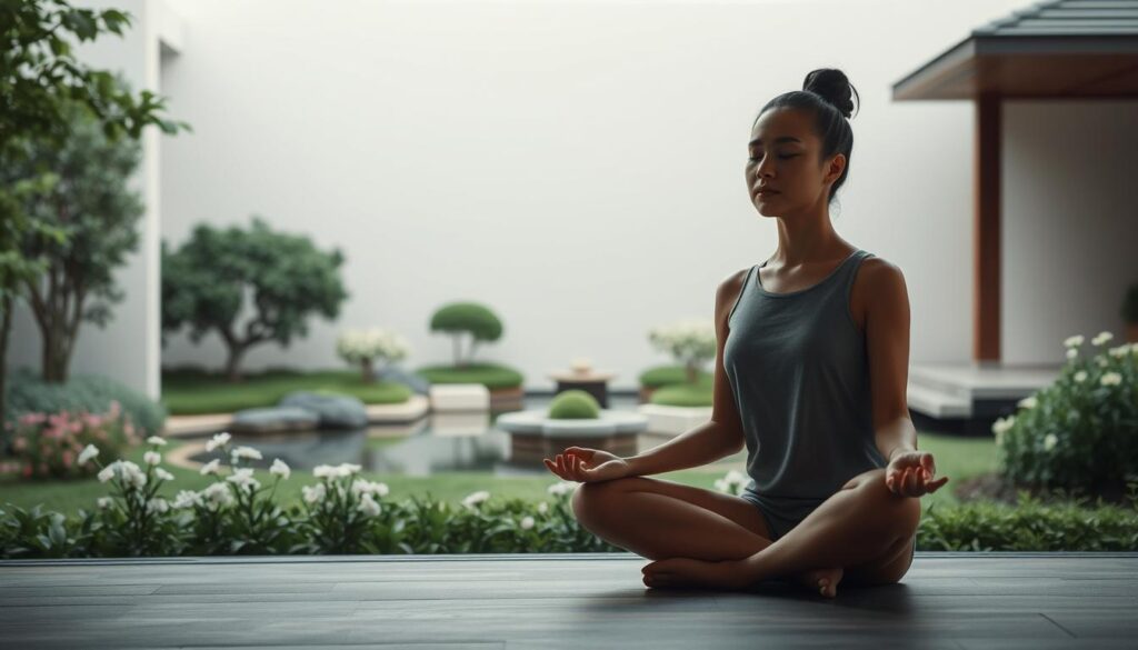 A serene, meditative scene depicting the art of emotional control. In the foreground, a person sits in a lotus position, eyes closed, hands resting on their lap, exuding a sense of inner calm and focus. The middle ground features a tranquil garden landscape, with lush greenery, a small pond, and delicate flowers, creating a soothing, natural environment. The background showcases a minimalist, Japanese-inspired architectural structure, its clean lines and muted tones complementing the overall atmosphere of mindfulness and control. Soft, diffused lighting gently illuminates the scene, fostering a sense of peace and emotional equilibrium.