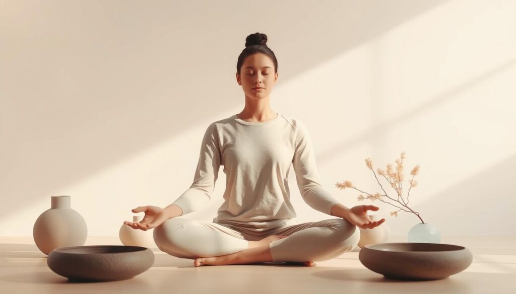 A serene, minimalist composition depicting a person sitting in a meditative pose, surrounded by calming elements that symbolize emotional regulation. The figure is rendered in soft, muted tones, their expression calm and introspective. The background features a neutral color palette, with simple shapes and textures that create a sense of balance and tranquility. Gentle lighting emphasizes the subject's introspective state, casting a soft glow that enhances the overall atmosphere of mindfulness and emotional control. The overall scene conveys a sense of inner peace and the ability to manage one's emotions through daily practice and self-awareness.