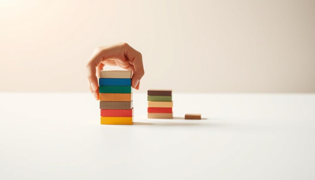A serene, minimalist composition showcasing the process of breaking down a large goal into smaller, manageable steps. In the foreground, a hand delicately places stacks of colorful blocks, each representing a sub-goal. The middle ground features a clean, white surface, allowing the focal point to shine. The background is a soft, muted gradient, creating a sense of focus and simplicity. The lighting is gentle, with a warm, natural glow that casts subtle shadows, emphasizing the tactile nature of the scene. The overall atmosphere is one of calm, clarity, and a methodical approach to achieving ambitious objectives. A serene, minimalist composition showcasing the process of breaking down a large goal into smaller, manageable steps. In the foreground, a hand delicately places stacks of colorful blocks, each representing a sub-goal. The middle ground features a clean, white surface, allowing the focal point to shine. The background is a soft, muted gradient, creating a sense of focus and simplicity. The lighting is gentle, with a warm, natural glow that casts subtle shadows, emphasizing the tactile nature of the scene. The overall atmosphere is one of calm, clarity, and a methodical approach to achieving ambitious objectives.
