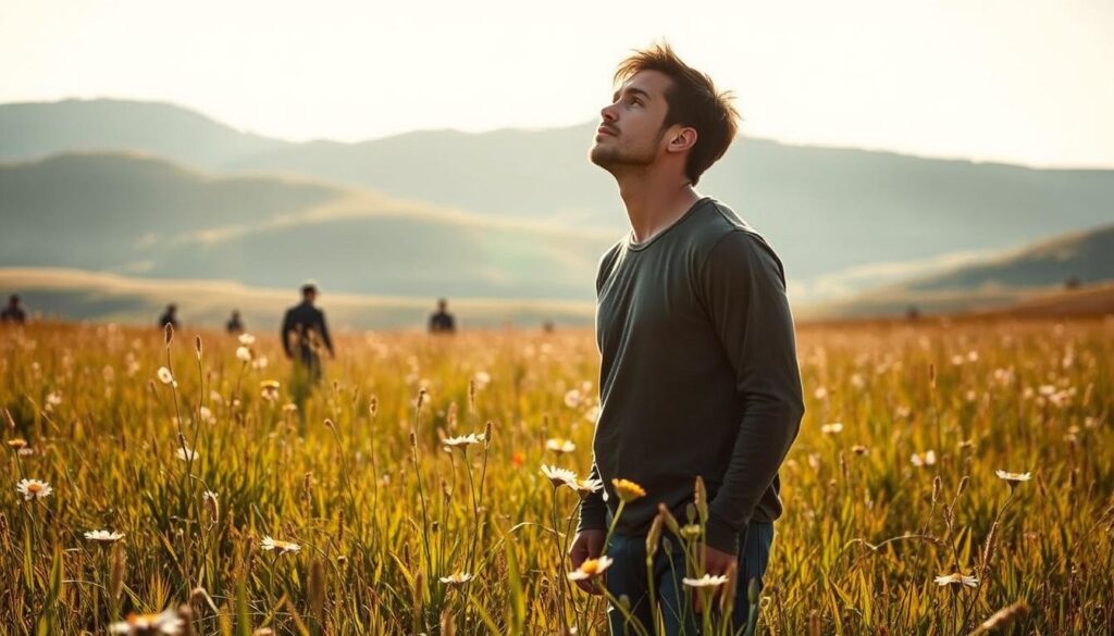 A serene, sun-dappled meadow, lush with verdant grass and wildflowers in bloom. In the center, a lone figure stands tall, battered but unbowed, gazing skyward with a determined expression. Soft, warm lighting illuminates their face, casting a hopeful glow. In the background, rolling hills recede into the distance, hinting at the possibilities that lie ahead. The overall atmosphere is one of resilience, growth, and the transformative power of embracing failure as a stepping stone to greater success.