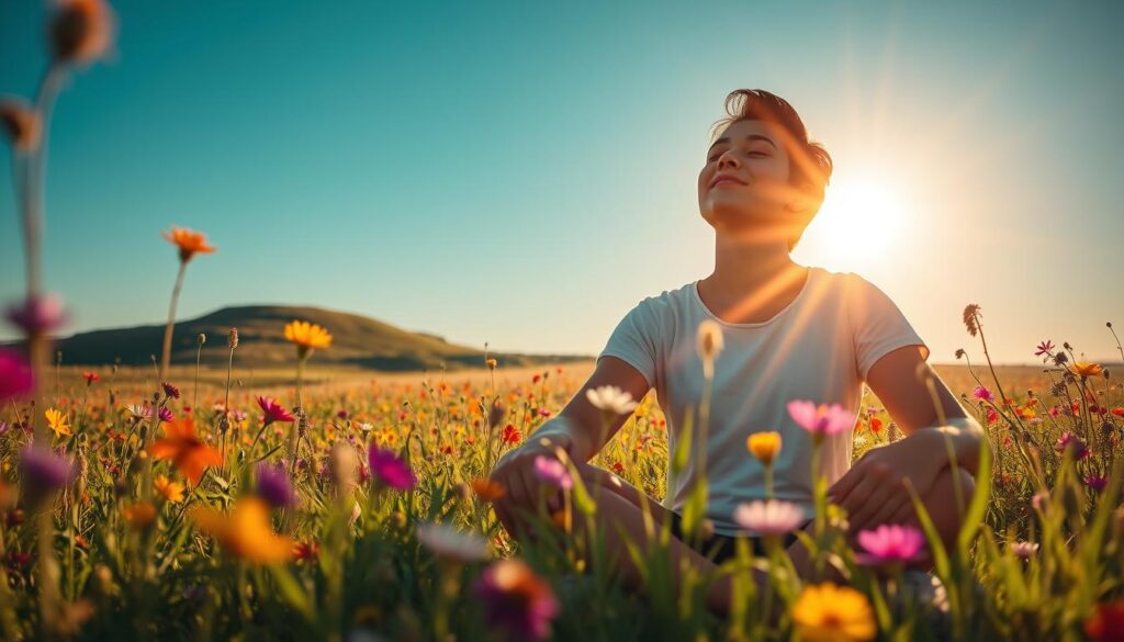 A serene, sun-dappled meadow, with vibrant wildflowers swaying in a gentle breeze. In the foreground, a person sits cross-legged, eyes closed, their expression peaceful and tranquil. Rays of warm light softly illuminate their face, conveying a sense of inner strength and resilience. The background features a distant rolling hill, its silhouette framed by a cloudless azure sky. This calming, pastoral scene embodies the concept of "المرونة النفسية" - the ability to adapt and thrive in the face of life's challenges, to find solace and renewal in the natural world.