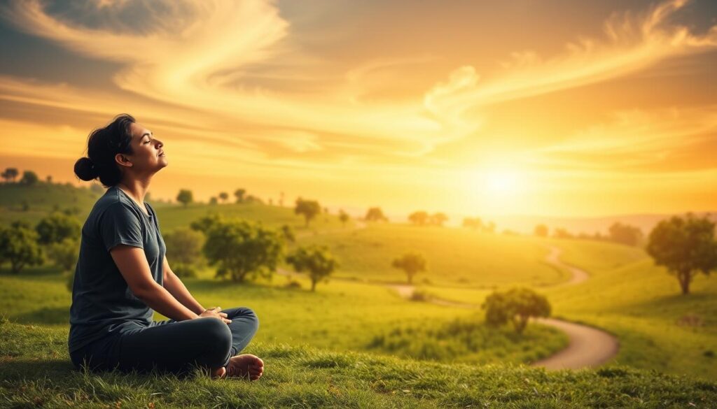 A serene yet contemplative scene depicting the concept of "Improving Emotional Intelligence". In the foreground, a person sits cross-legged, eyes closed, hands resting gently on their lap, exuding a sense of introspection and inner calm. The middle ground features a lush, verdant landscape with scattered trees and a winding path, symbolizing the journey of self-discovery and growth. The background showcases a warm, golden-hued sky, with soft, wispy clouds, creating an atmosphere of tranquility and enlightenment. The overall composition conveys a harmonious balance between the individual's inner emotional state and the natural world, reflecting the essence of cultivating emotional intelligence.