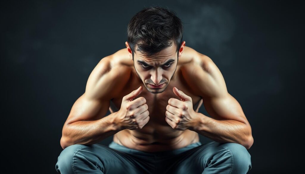 A tense, anxious figure sits hunched, shoulders drawn up, brow furrowed. Muscles taut, fingers fidgeting, a knot in the stomach. Darting eyes, shallow breathing, and a slight tremor in the hands convey an overwhelming sense of stress. The setting is muted, with soft, diffused lighting casting shadows that accentuate the subject's emotional state. The composition places the individual in the center, surrounded by a hazy, indistinct background, directing the viewer's focus to the physical manifestations of inner turmoil. This image aims to illustrate the bodily signs of tension that signal a need for relaxation and restoration.