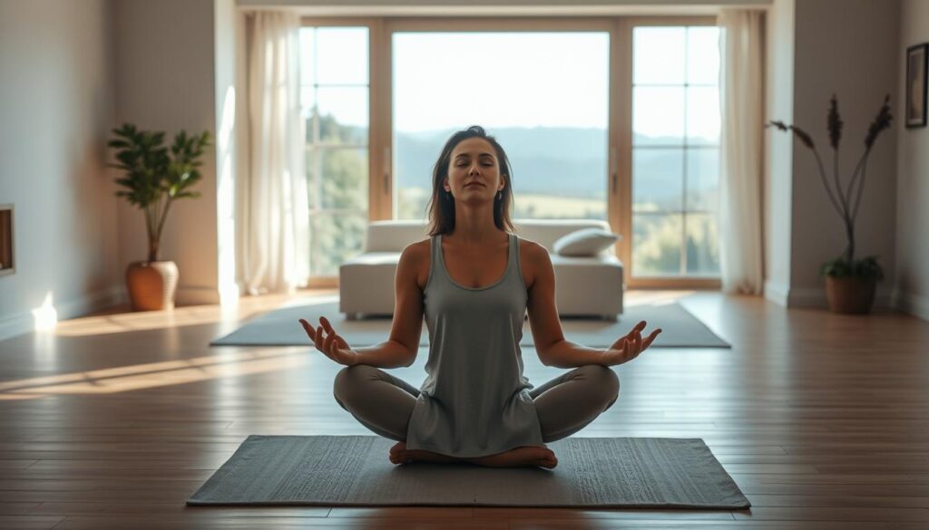 A tranquil scene of a person engaged in daily relaxation practices. In the foreground, a serene individual sits cross-legged, eyes closed, hands resting gently on their lap, exuding a sense of calm and inner peace. The middle ground features a cozy, minimalist living space with natural lighting filtering in from large windows, creating a warm, soothing ambiance. The background depicts a simple, yet elegant outdoor landscape, perhaps a serene garden or a picturesque vista, further enhancing the peaceful atmosphere. The overall composition emphasizes the importance of taking time to unwind and rejuvenate oneself during the daily routine.