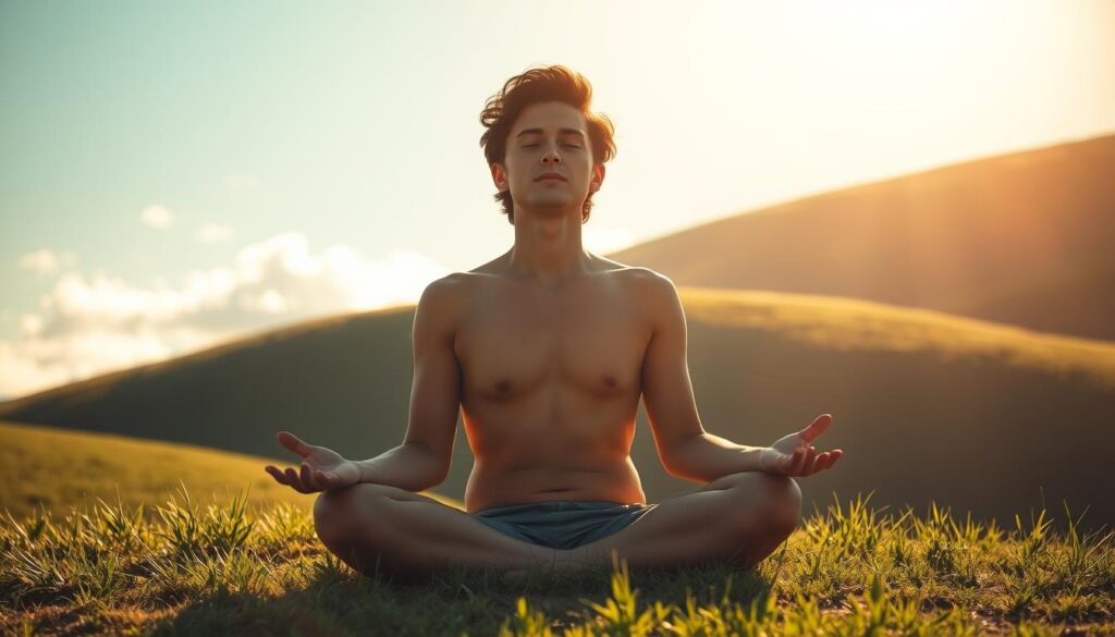 A tranquil, sun-drenched scene of a person in deep contemplation, surrounded by lush greenery and a serene, azure sky. The subject is sitting cross-legged on a grassy knoll, eyes closed in a meditative pose, their expression radiating a sense of calm and inner focus. The lighting is warm and diffused, casting a soft, golden glow that highlights the individual's features and the verdant, rolling landscape. In the background, wispy clouds drift lazily across the horizon, adding to the serene, introspective atmosphere. The overall composition evokes a feeling of personal growth, self-reflection, and a connection to the natural world, capturing the essence of self-motivation and positive thinking. 5 مقولات تساعدك على التفكير الإيجابي