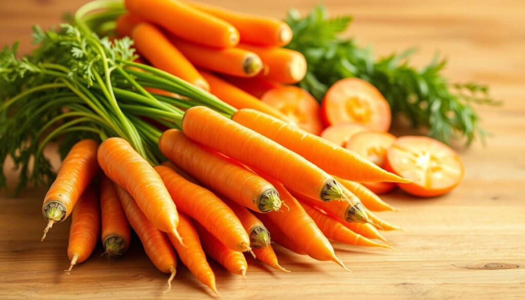 A vibrant still life showcasing the rich nutritional benefits of carrots. In the foreground, a cluster of fresh, crisp carrots in varying shades of orange and yellow are arranged artfully, their tops still intact. Behind them, a selection of sliced carrots reveals their bright, juicy interiors. The background features a soft, natural setting, perhaps a wooden table or a rustic surface, allowing the carrots to take center stage. The lighting is warm and diffused, casting a gentle glow on the scene and highlighting the carrots' vibrant hues. The overall composition is balanced and visually appealing, inviting the viewer to appreciate the versatility and healthful properties of this humble root vegetable.