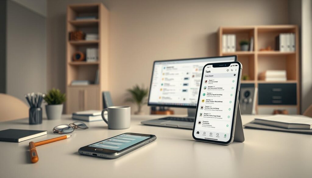 A visually stunning image of "تطبيقات إدارة المهام" featuring a modern, minimalist workspace with a clean, organized desk. The foreground showcases a sleek smartphone or tablet displaying a task management app, surrounded by various office supplies and a cup of coffee. The middle ground features a laptop or computer monitor displaying a detailed task list or calendar, with a subtle glow illuminating the scene. The background incorporates neutral-toned walls, bookshelves, and subtle geometric patterns, creating a serene and productive atmosphere. The lighting is soft and natural, emphasizing the efficiency and organization of the digital tools. The overall composition and color palette convey a sense of professionalism, focus, and the effective use of technology to manage daily tasks. A visually stunning image of "تطبيقات إدارة المهام" featuring a modern, minimalist workspace with a clean, organized desk. The foreground showcases a sleek smartphone or tablet displaying a task management app, surrounded by various office supplies and a cup of coffee. The middle ground features a laptop or computer monitor displaying a detailed task list or calendar, with a subtle glow illuminating the scene. The background incorporates neutral-toned walls, bookshelves, and subtle geometric patterns, creating a serene and productive atmosphere. The lighting is soft and natural, emphasizing the efficiency and organization of the digital tools. The overall composition and color palette convey a sense of professionalism, focus, and the effective use of technology to manage daily tasks.